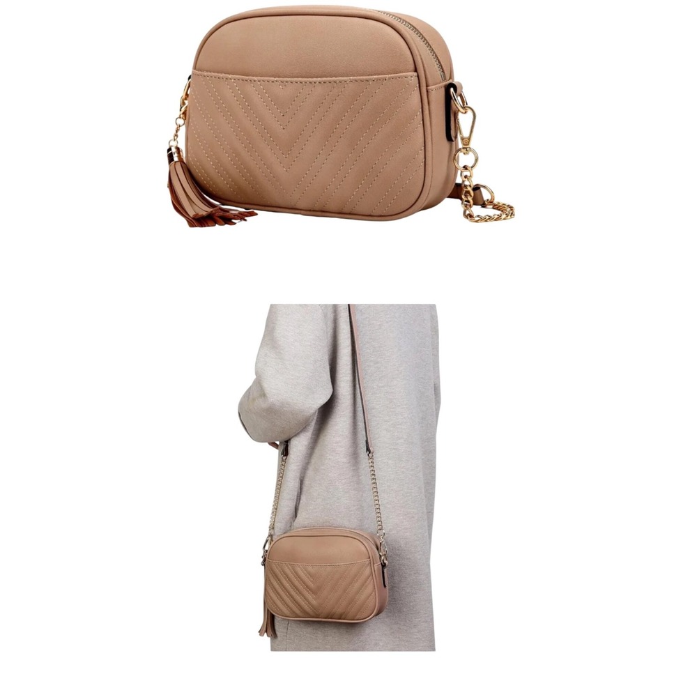 Lola Mae Crossbody Bag Purse Chevron Quilted‎ Tassel Chain Strap Neutral Tan
